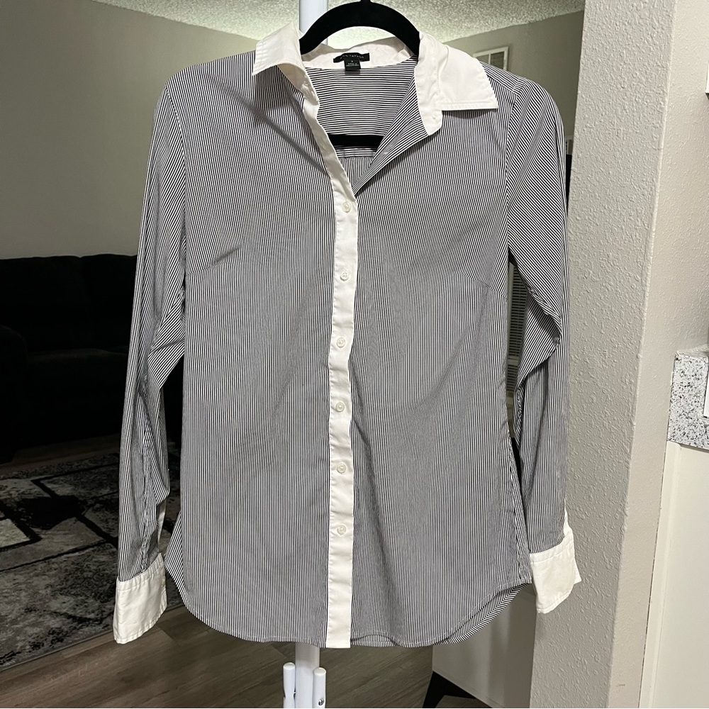 Ann Taylor Pinstripe Button-Down Shirt in Navy and White